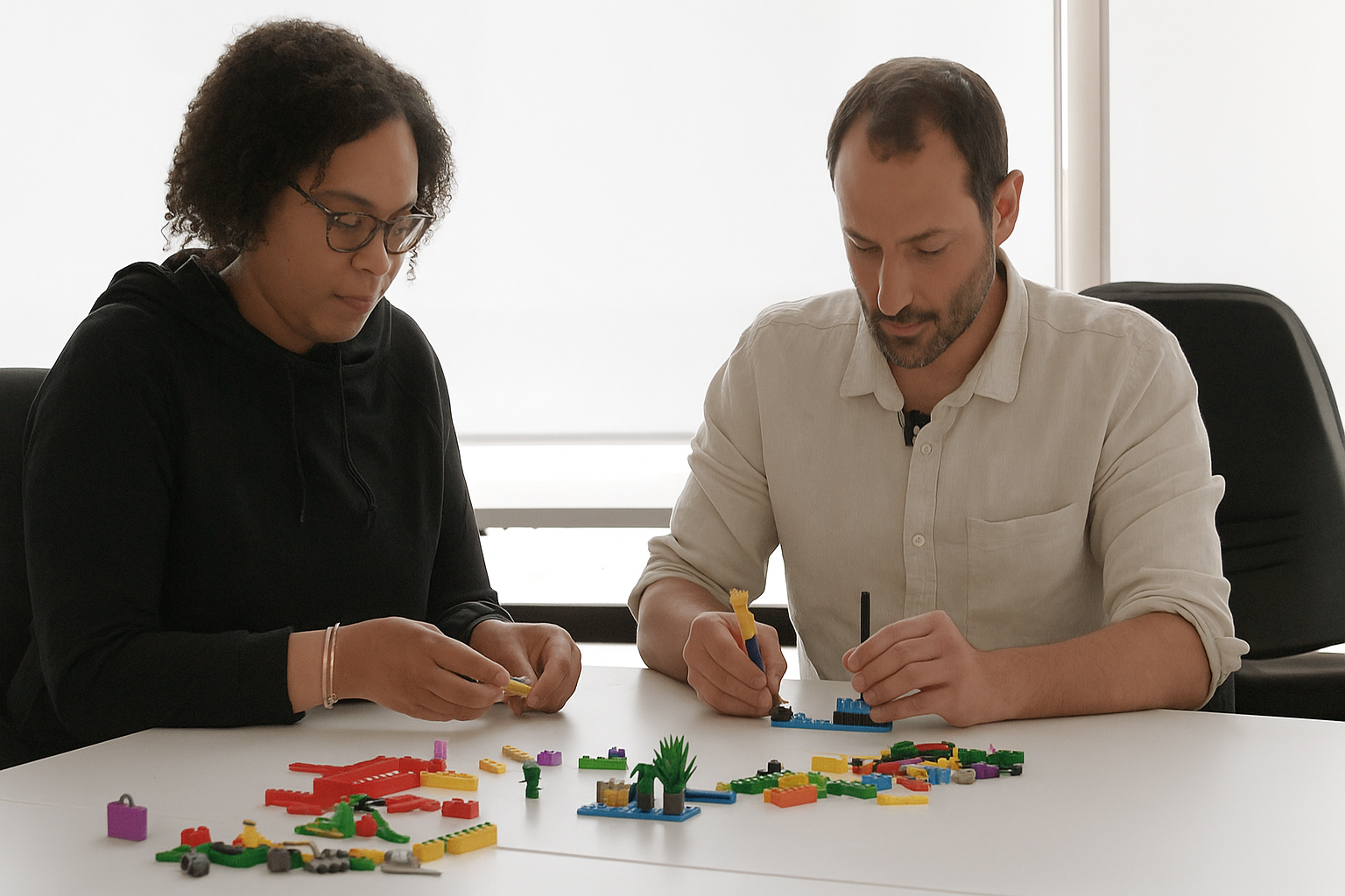 A facilitator pointing to a LEGO model, encouraging discussion.
