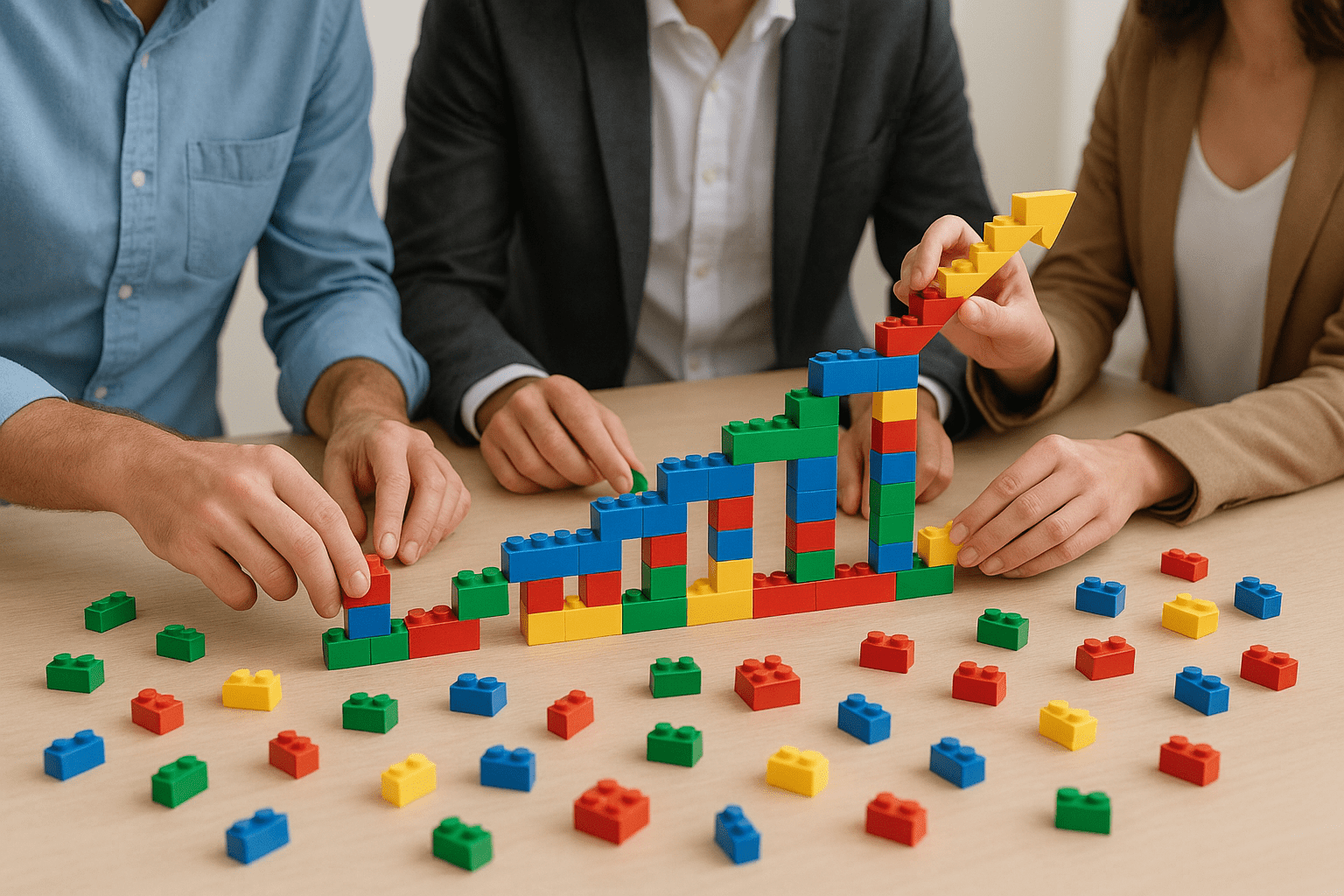 A hand placing a LEGO minifigure on a model, symbolizing guided facilitation and team alignment.